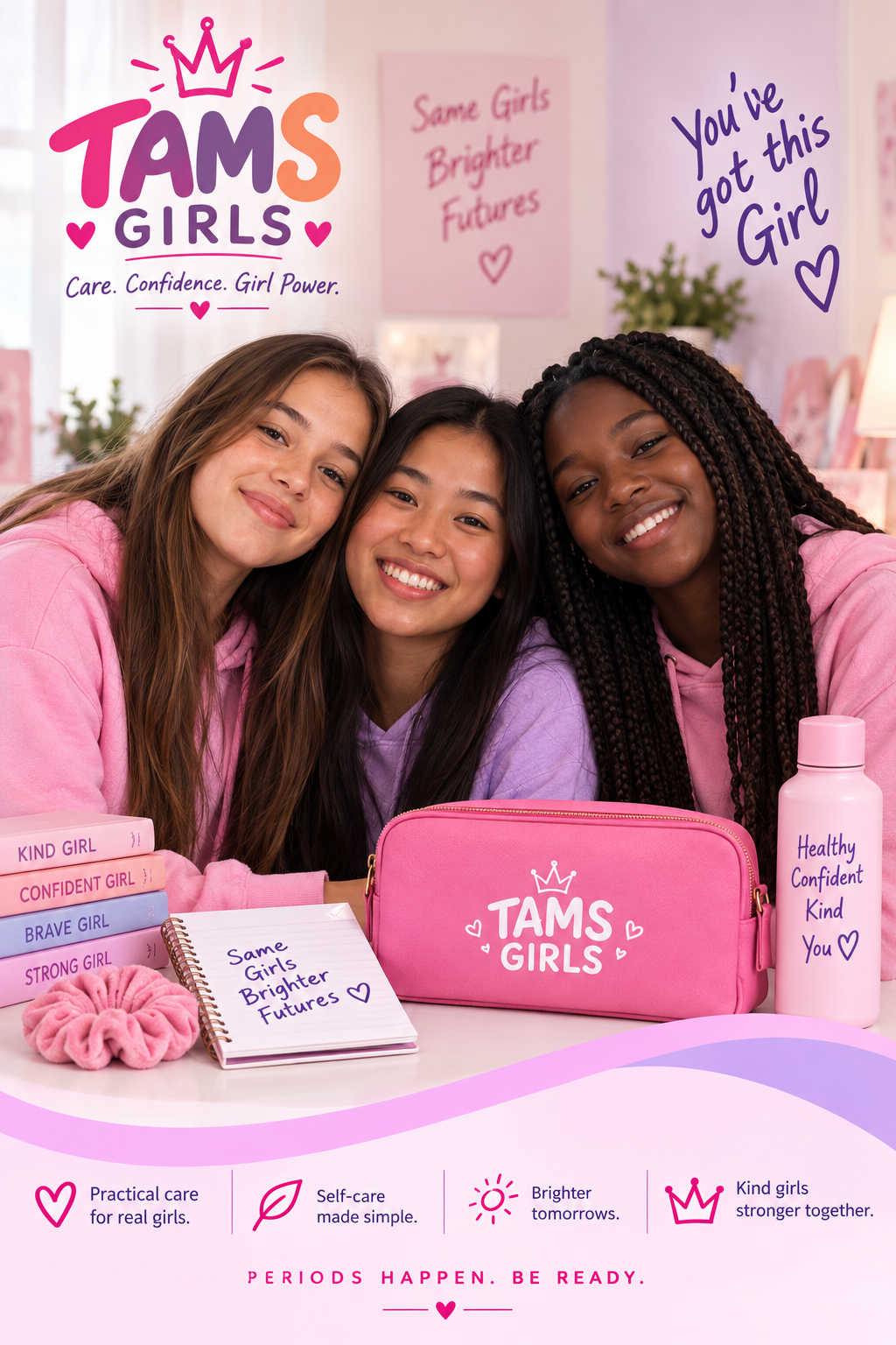 Three smiling girls representing TAMS GIRLS confidence and support